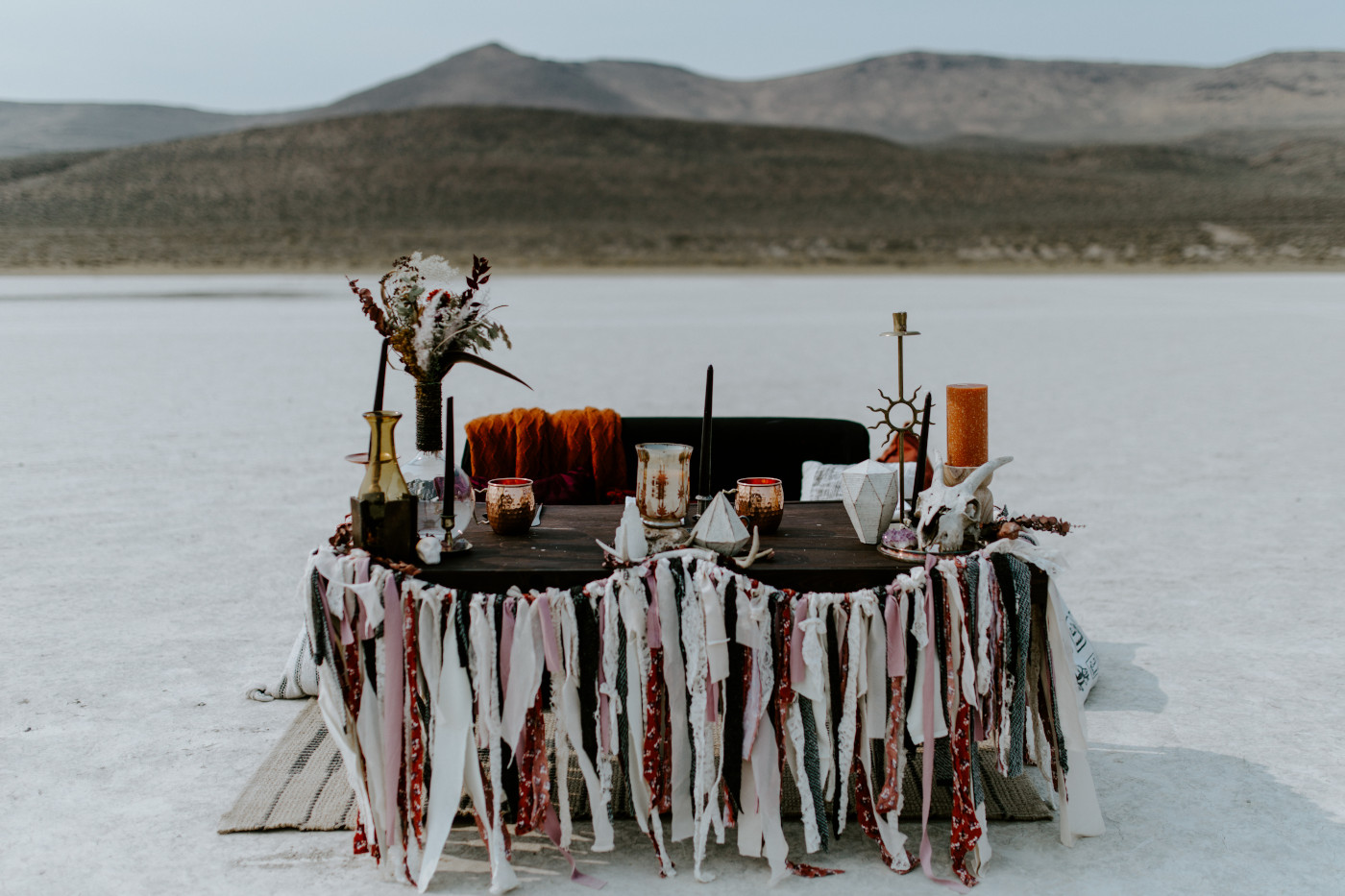 The dinner table sits in the middle of the Alvord Desert.