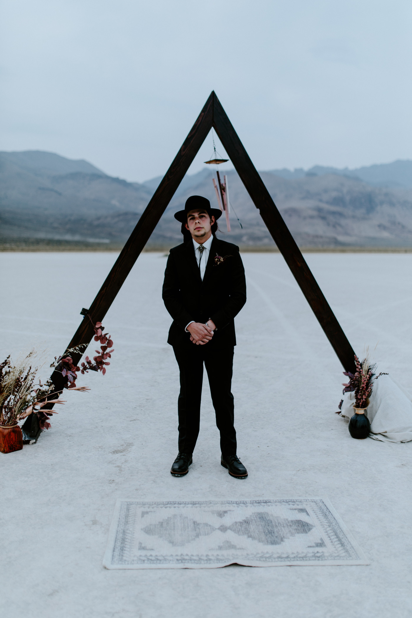 Cameron stands at the A frame altar in the middle of the Alvord Desert.