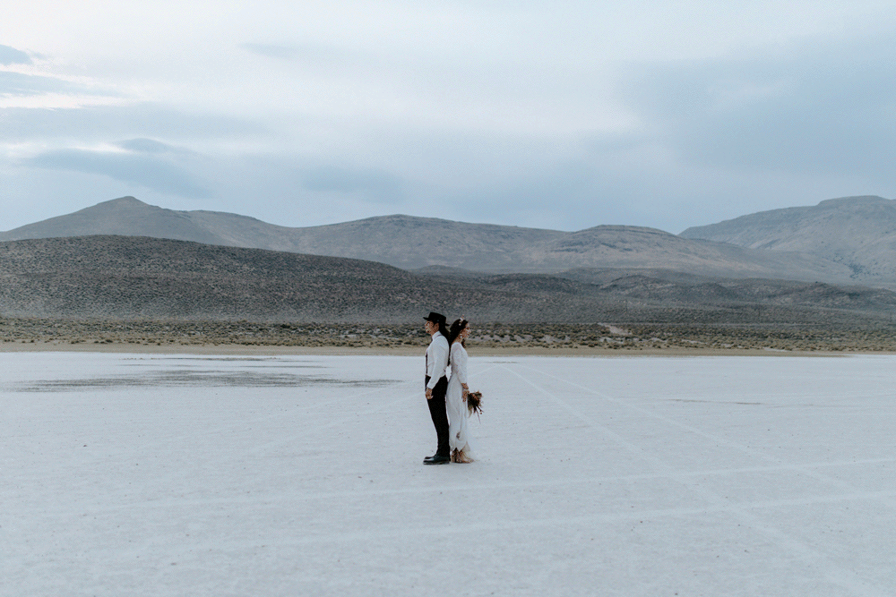 An animated gif of Cameron and Emerald hugging in the Alvord Desert.