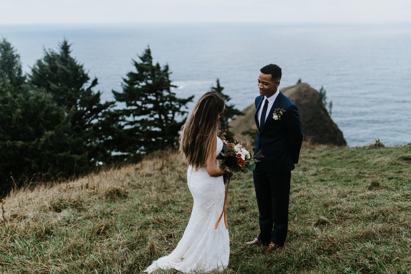 Deandre smiles at Ariana during their elopement. Elopement photography at Mount Hood by Sienna Plus Josh.