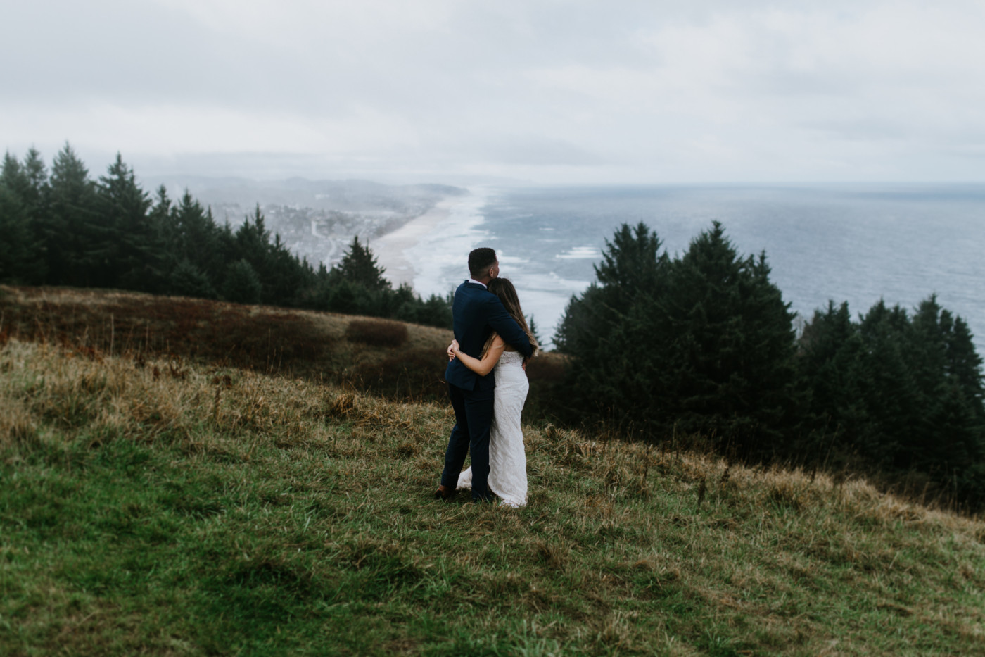 Deandre and Ariana hug after their ceremony. Elopement photography at Mount Hood by Sienna Plus Josh.
