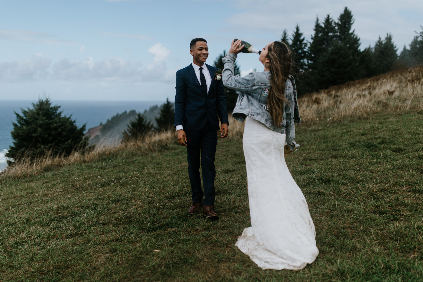 Ariana drinks from the bottle. Elopement photography at Mount Hood by Sienna Plus Josh.