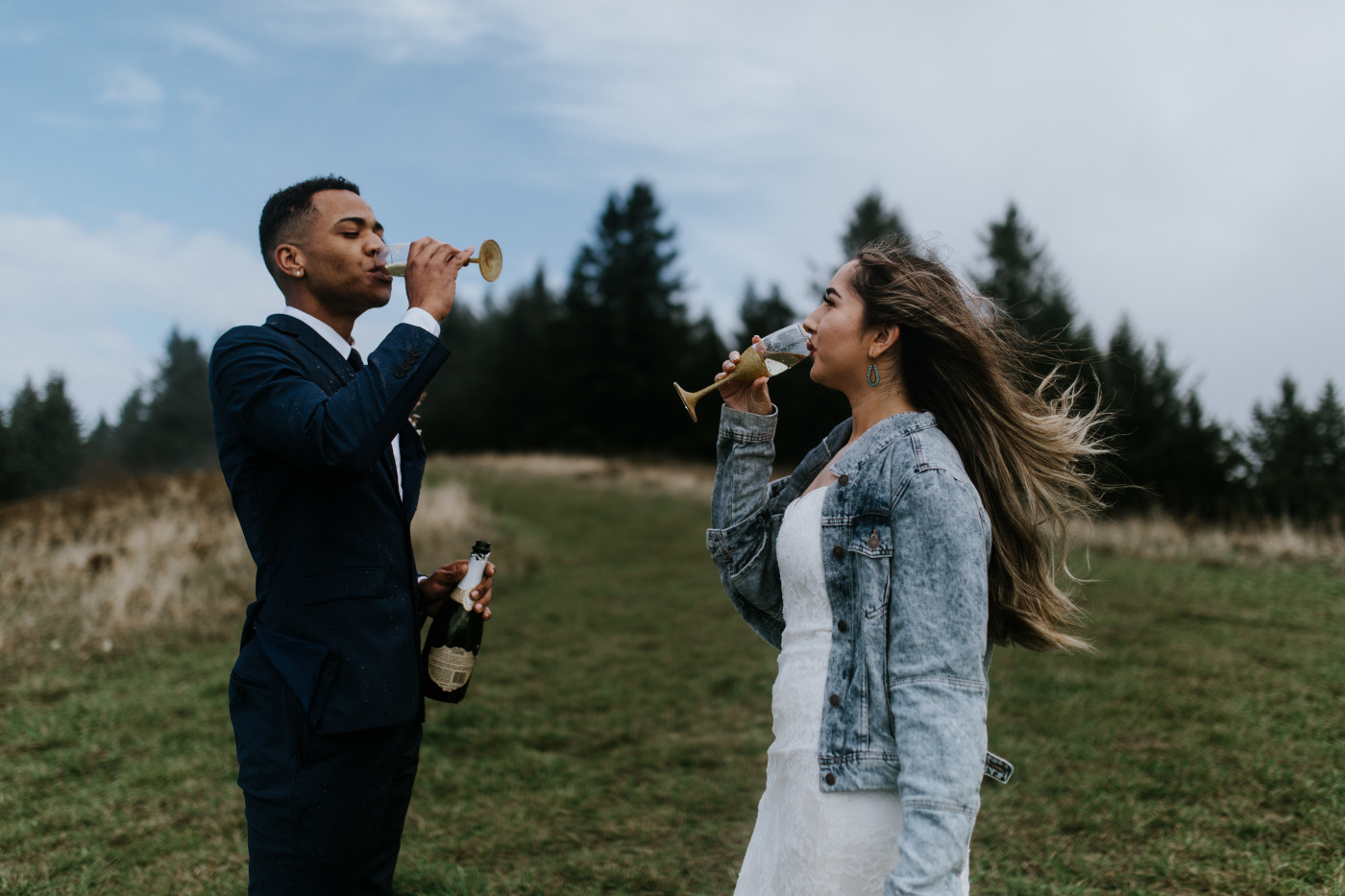Deandre and Ariana share a toast to their elopement. Elopement photography at Mount Hood by Sienna Plus Josh.