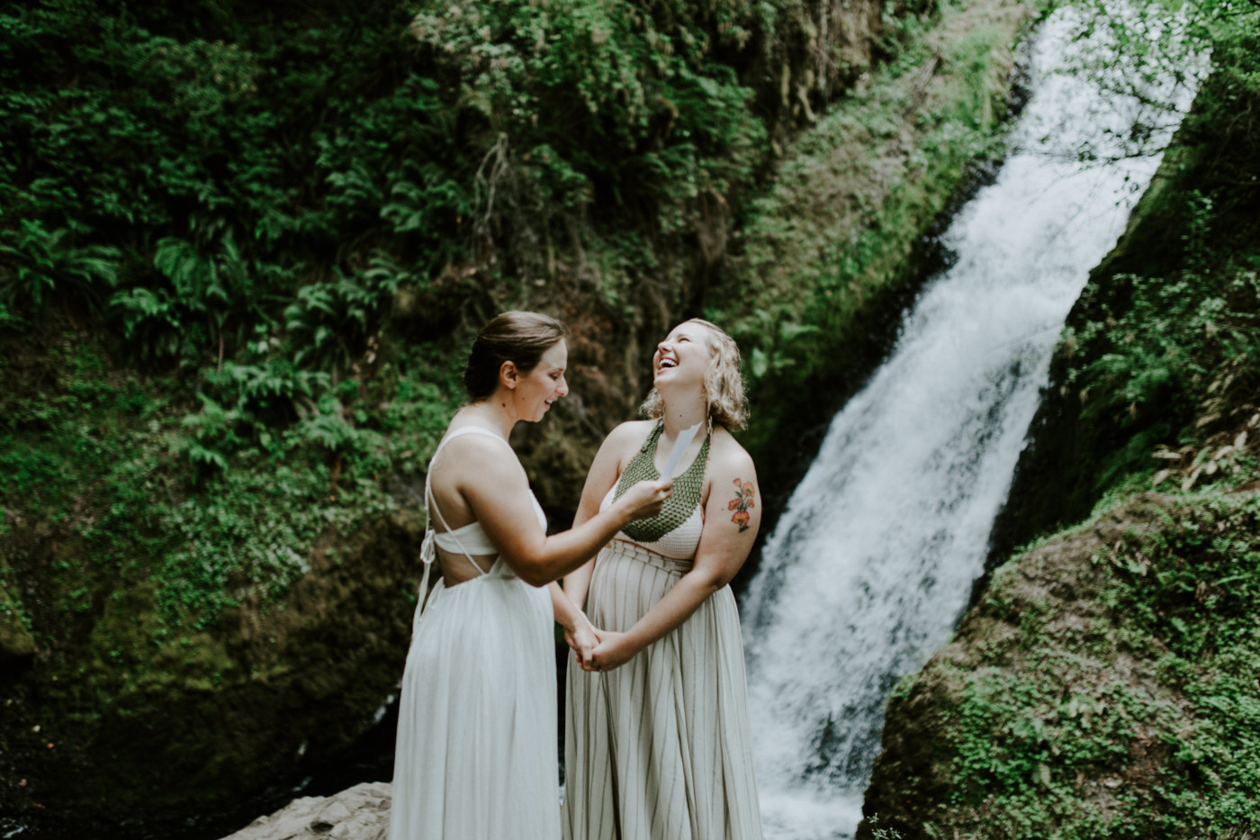 Kate laughs with Audrey. Elopement wedding photography at Bridal Veil Falls by Sienna Plus Josh.