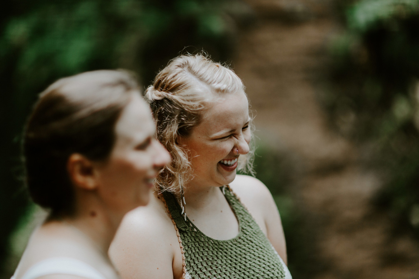 Kate laughs. Elopement wedding photography at Bridal Veil Falls by Sienna Plus Josh.