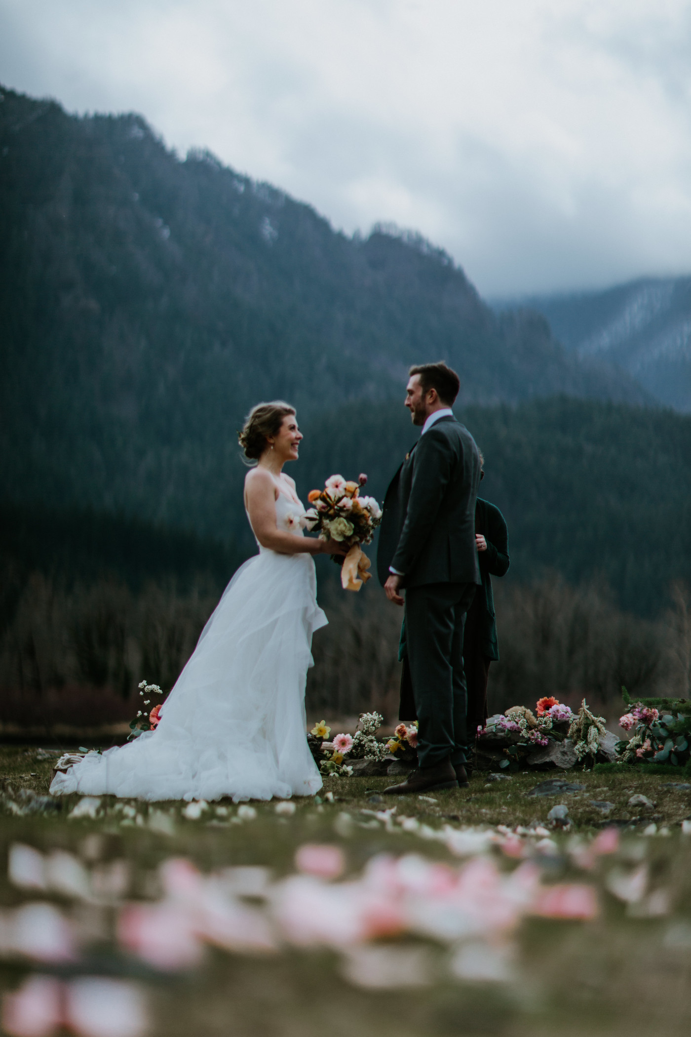 Lennie and Allison stand together at their ceremony spot. Elopement photography at Columbia River Gorge by Sienna Plus Josh.