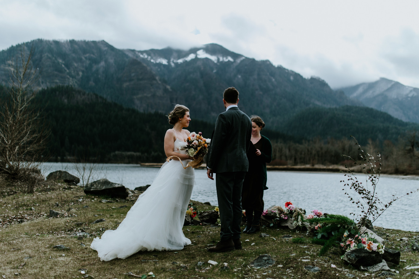 Lennie and Allison stand together. Elopement photography at Columbia River Gorge by Sienna Plus Josh.
