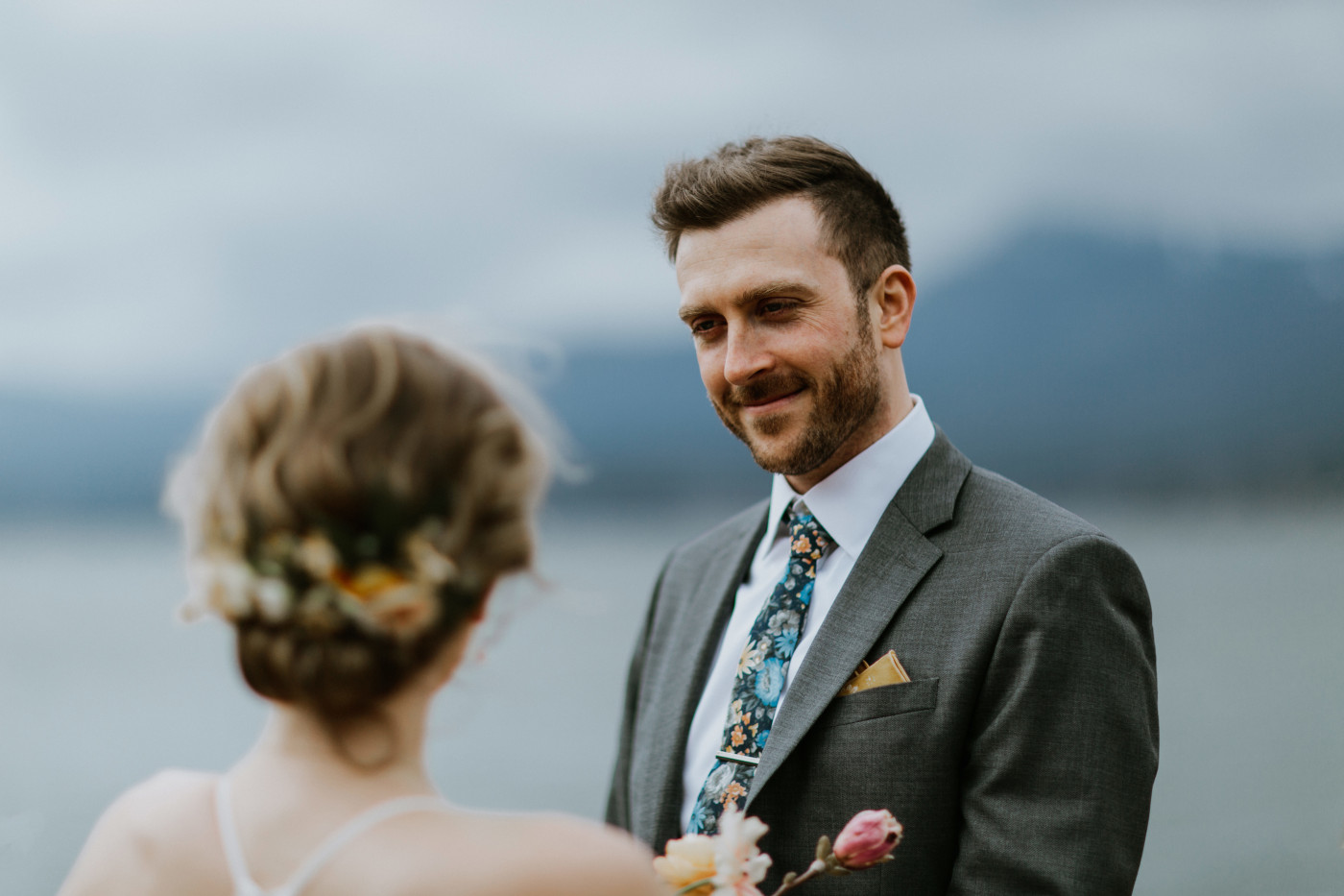 Lennie smiles at Allison. Elopement photography at Columbia River Gorge by Sienna Plus Josh.