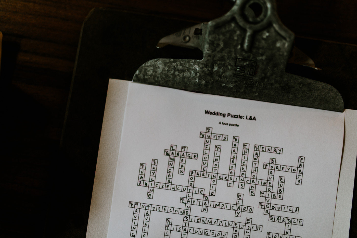 A special crossword puzzle for Allison and Lennie's elopement. Elopement photography at Columbia River Gorge by Sienna Plus Josh.