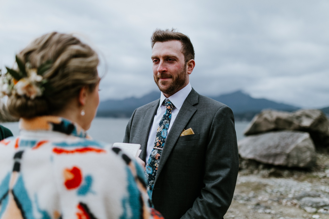 Lennie listens to Allison. Elopement photography at Columbia River Gorge by Sienna Plus Josh.