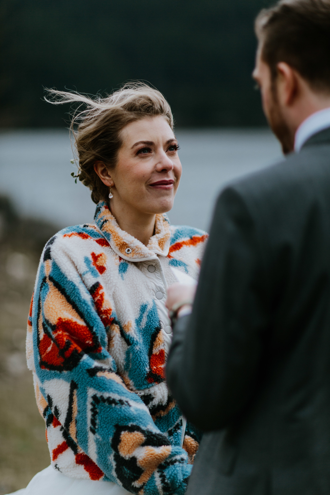 Allison listens to Lennie saying vows. Elopement photography at Columbia River Gorge by Sienna Plus Josh.