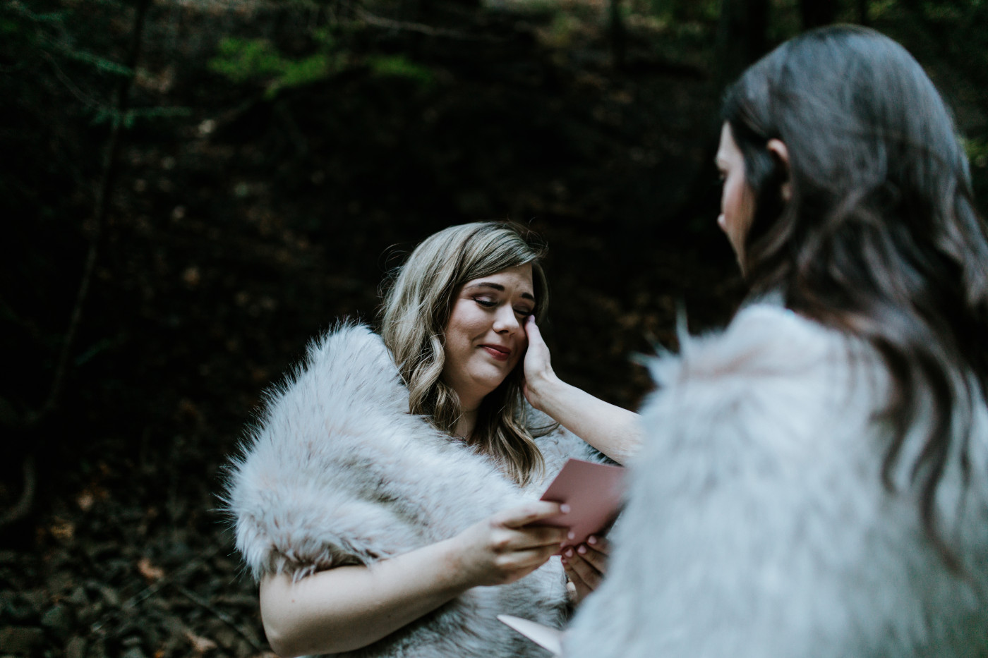 Hayley and Tiffany recite emotional vows. Elopement photography at the Columbia River Gorge by Sienna Plus Josh.