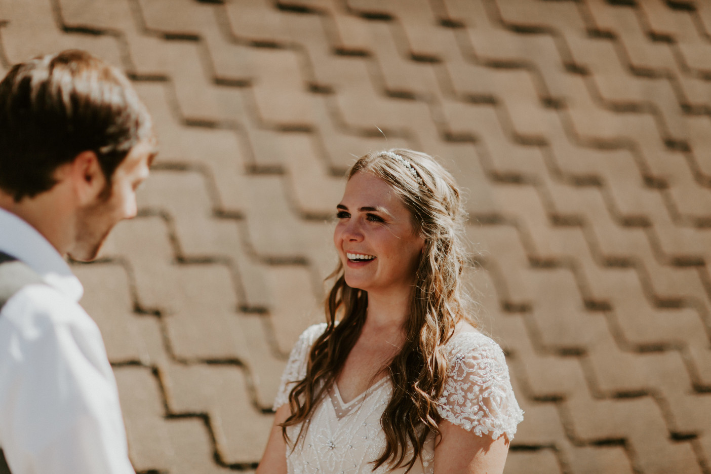 Hannah smiles at Dan in Corvallis, Oregon. Intimate wedding photography in Corvallis Oregon by Sienna Plus Josh.