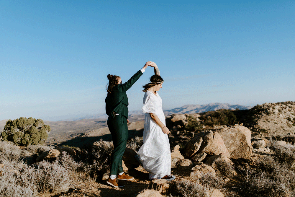A gif of Becca and Madison dancing in the Joshua Tree National Park desert.