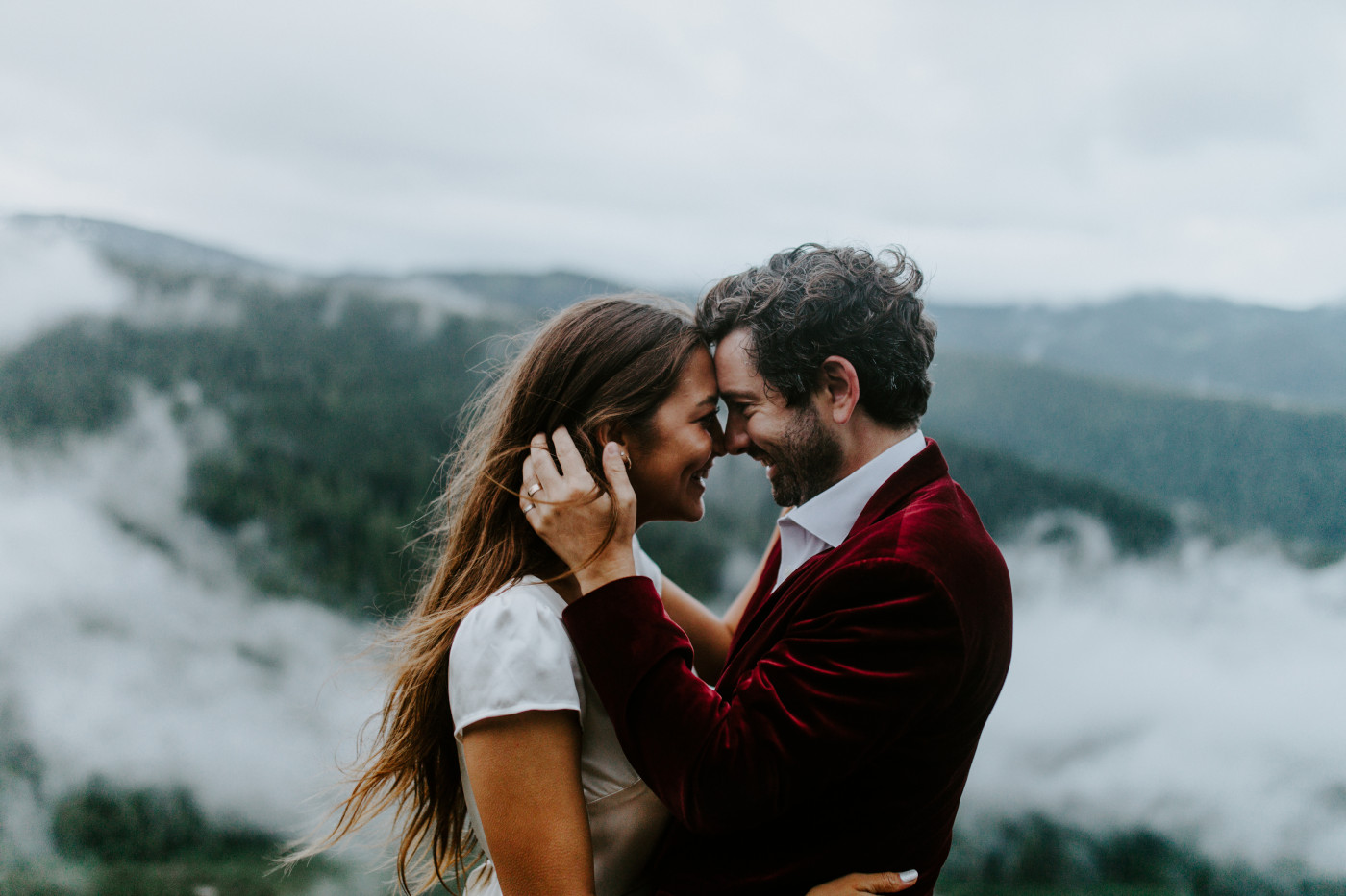 Katelyn and Murray forehead to forehead. Elopement wedding photography at Mount Hood by Sienna Plus Josh.