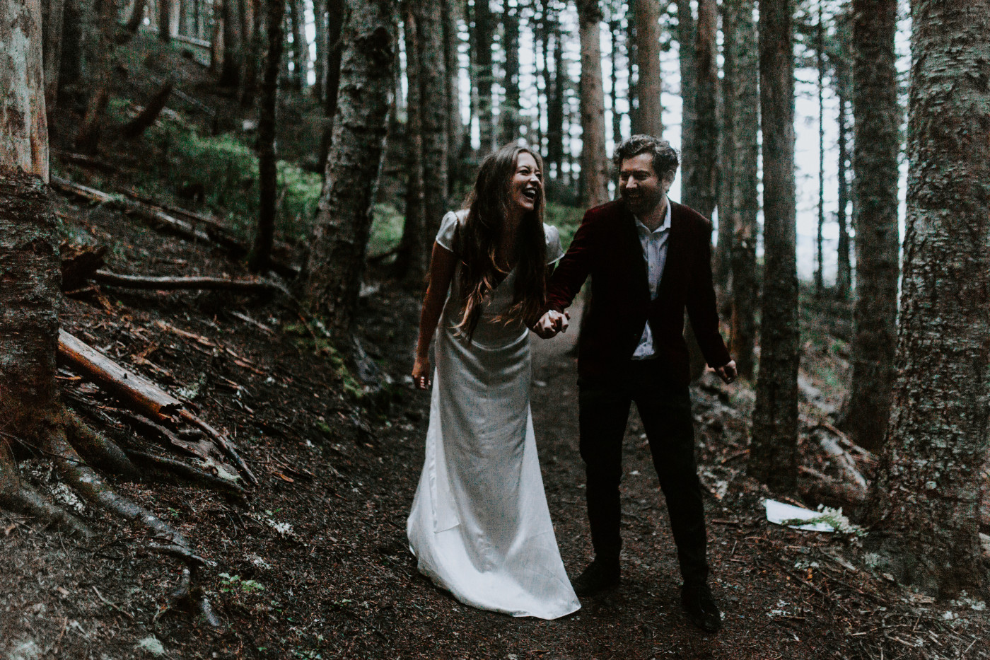 Katelyn and Murray laugh. Elopement wedding photography at Mount Hood by Sienna Plus Josh.