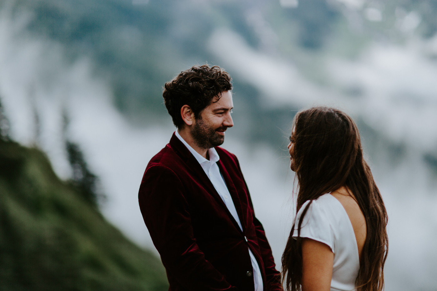 Murray and Katelyn smile at each other. Elopement wedding photography at Mount Hood by Sienna Plus Josh.