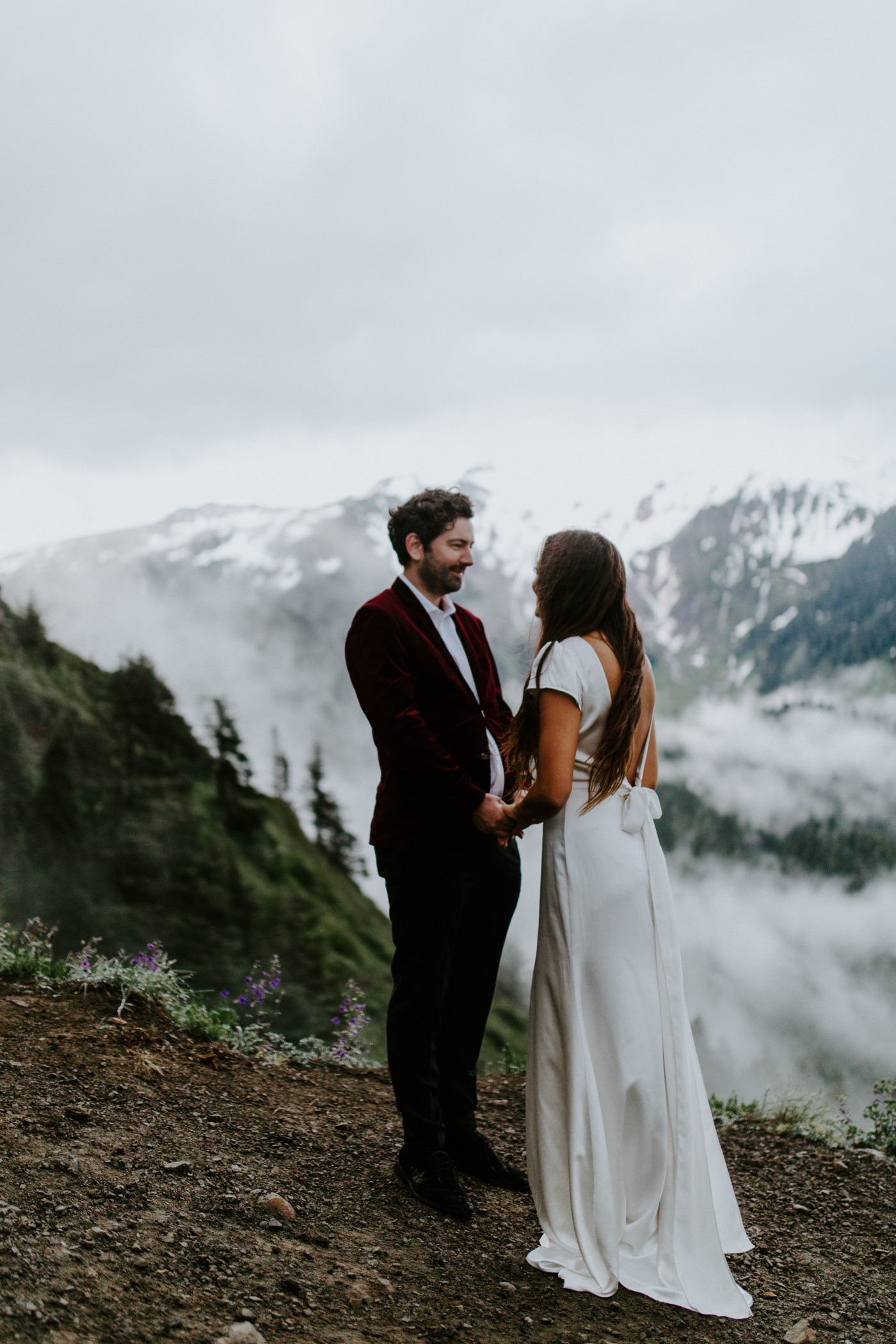 Murray and Katelyn stand in front of Mount Hood during their elopement ceremony. Elopement wedding photography at Mount Hood by Sienna Plus Josh.