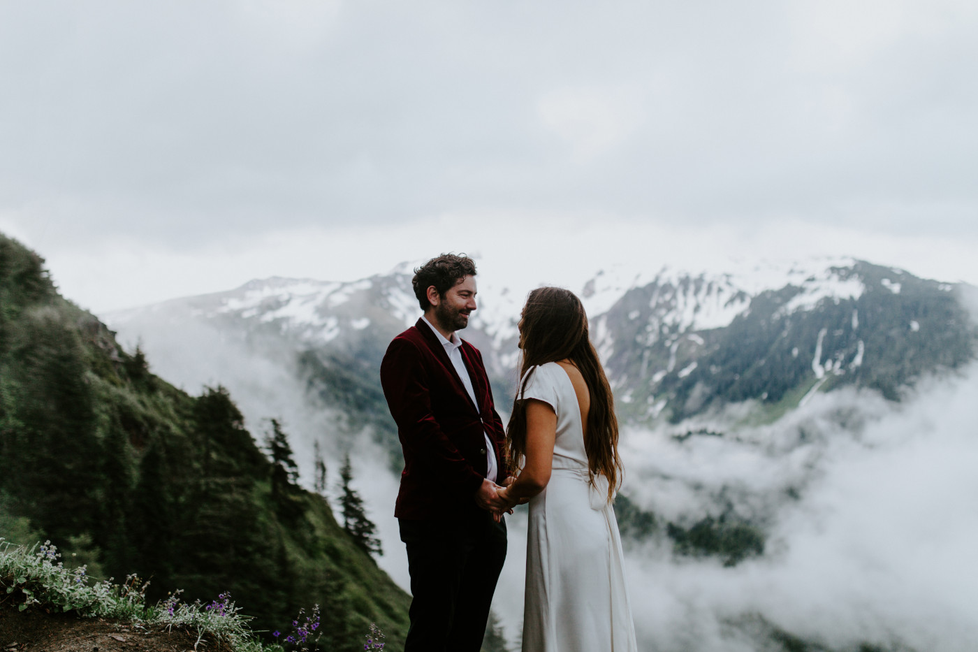 Murray and Katelyn stand in front of Mount Hood. Elopement wedding photography at Mount Hood by Sienna Plus Josh.
