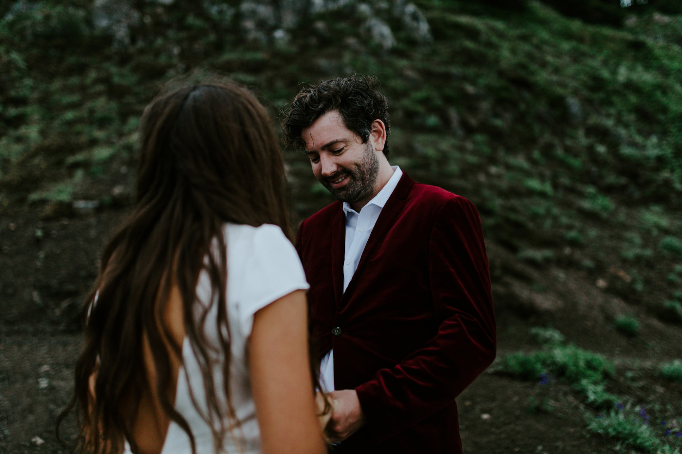 Murray smiles at his wife. Elopement wedding photography at Mount Hood by Sienna Plus Josh.