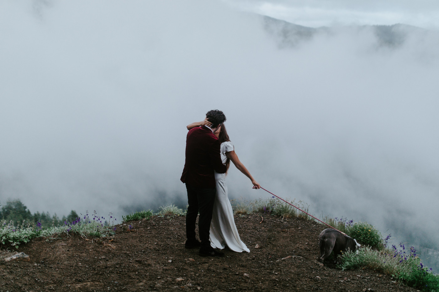Murray and Katelyn kiss while holding their dog. Elopement wedding photography at Mount Hood by Sienna Plus Josh.