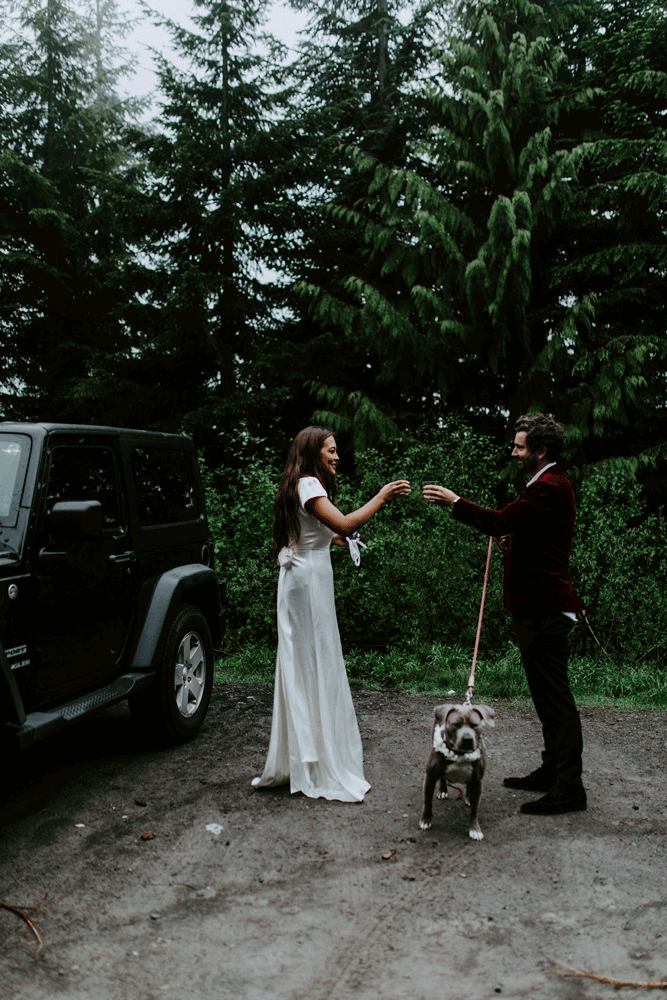 Murray and Katelyn take a shot before their elopement hike. Elopement wedding photography at Mount Hood by Sienna Plus Josh.