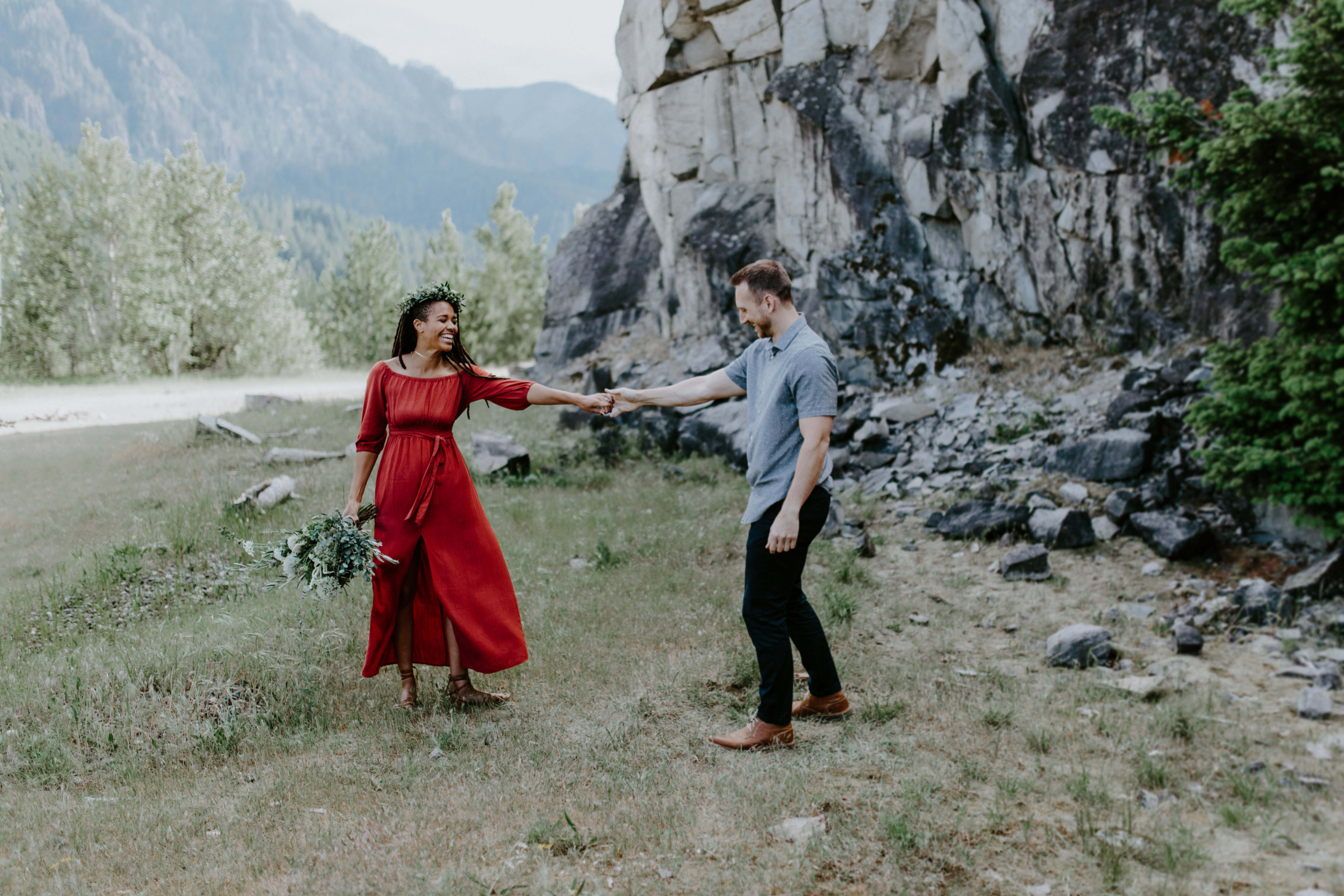 Kayloni and Garrett dance at the Columbia River Gorge in Oregon. Engagement photography in Portland Oregon by Sienna Plus Josh.