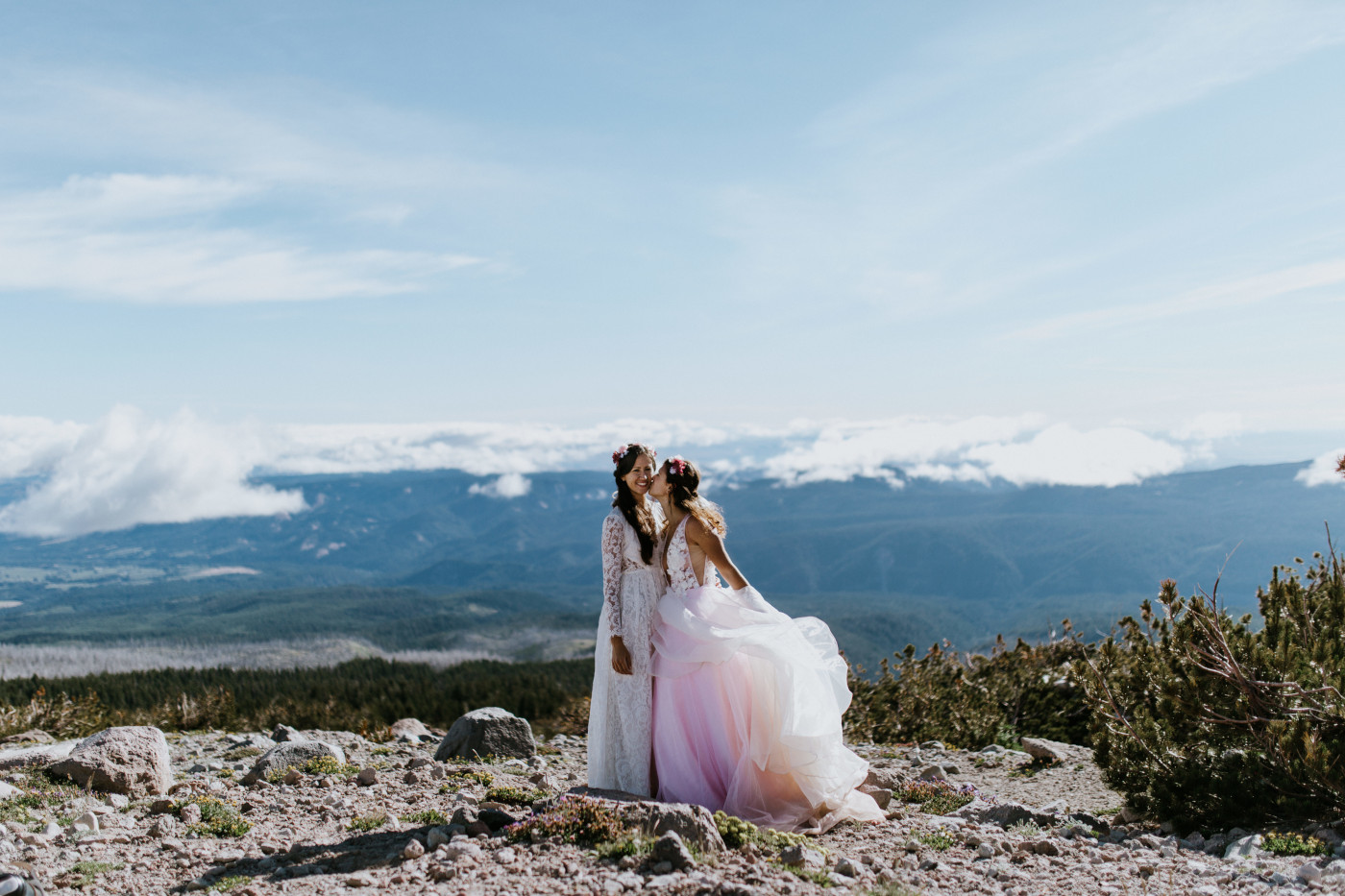 Heather kisses Margaux on the cheek. Elopement photography at Mount Hood by Sienna Plus Josh.