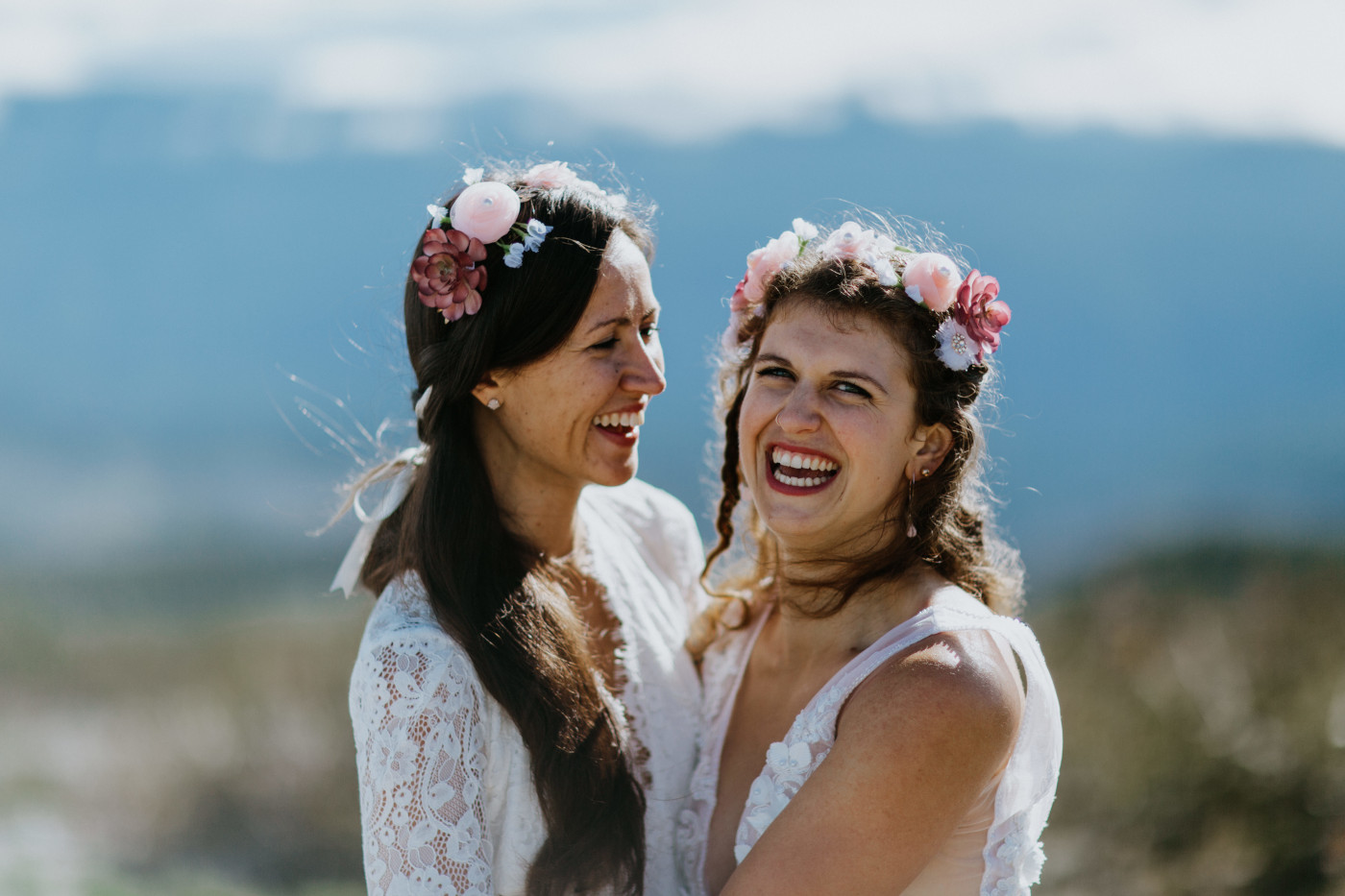 Heather and Margaux laugh. Elopement photography at Mount Hood by Sienna Plus Josh.