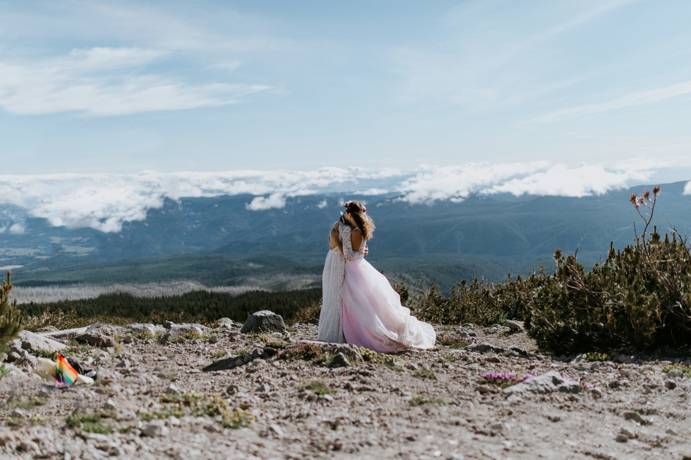 Heather and Margaux hugging. Elopement photography at Mount Hood by Sienna Plus Josh.