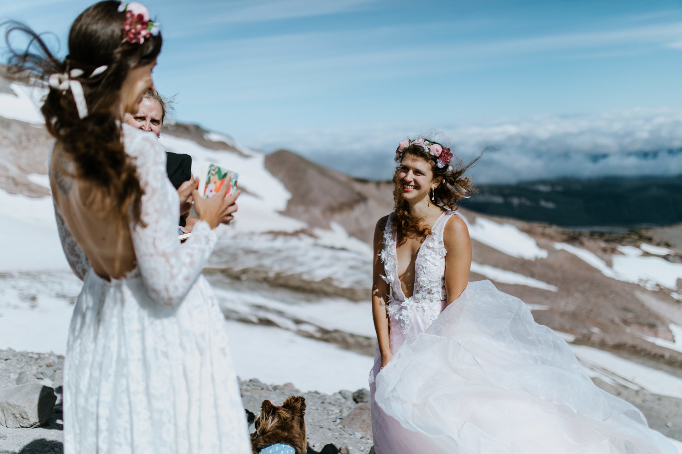Heather listens to Margaux read her vows. Elopement photography at Mount Hood by Sienna Plus Josh.