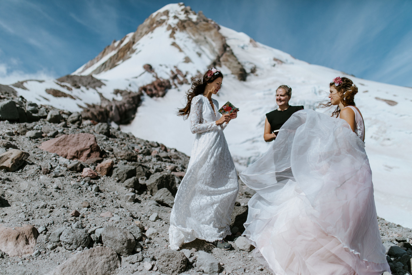 Heather and Margaux during their elopement with a view of Mount Hood in the background. Elopement photography at Mount Hood by Sienna Plus Josh.