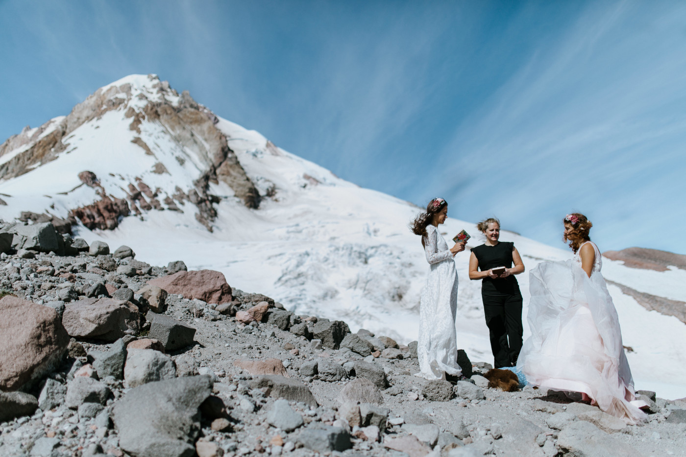 Heather and Margaux with a view of Mount Hood close behind them. Elopement photography at Mount Hood by Sienna Plus Josh.