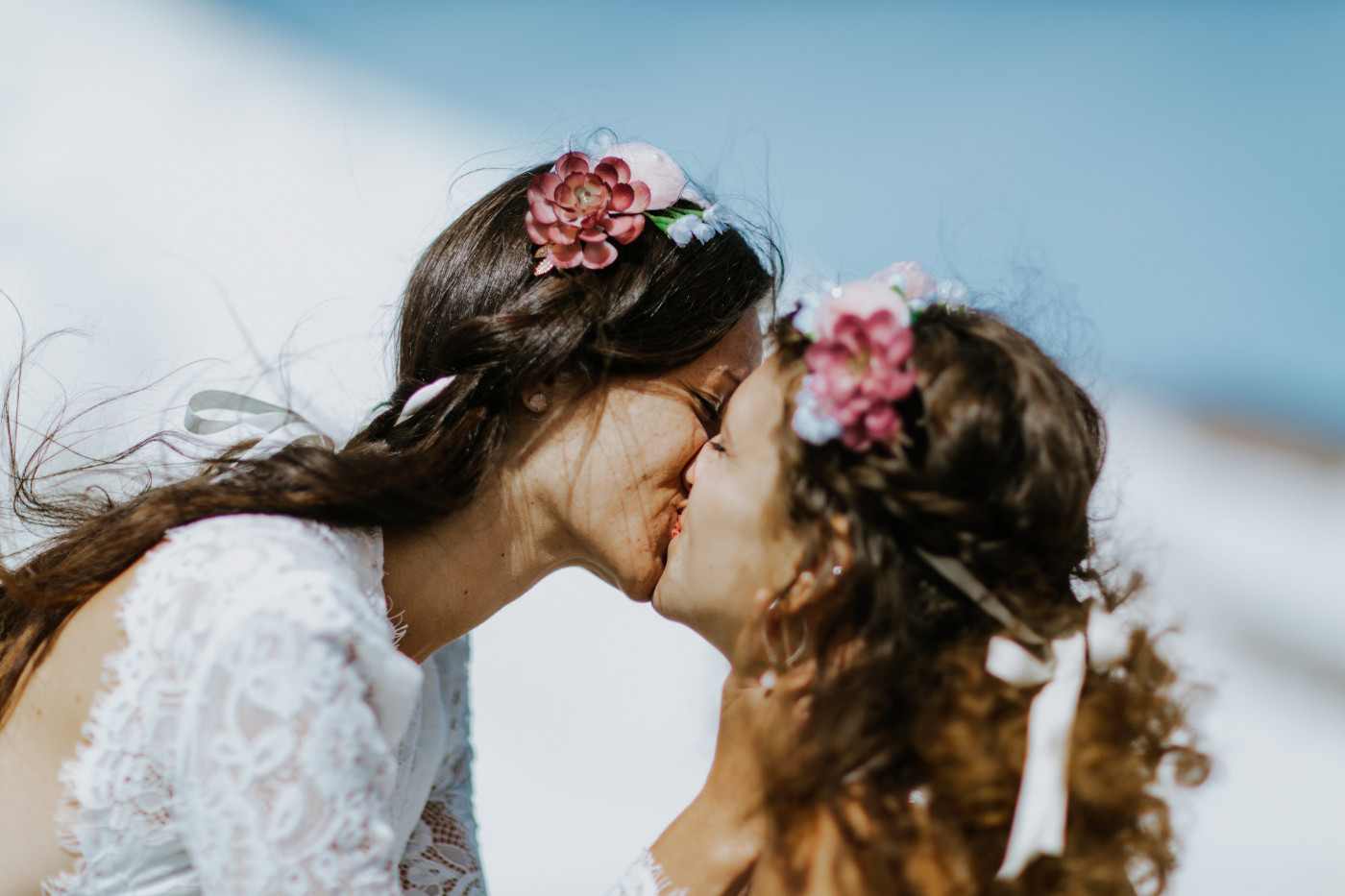  Heather and Margaux kiss. Elopement photography at Mount Hood by Sienna Plus Josh.