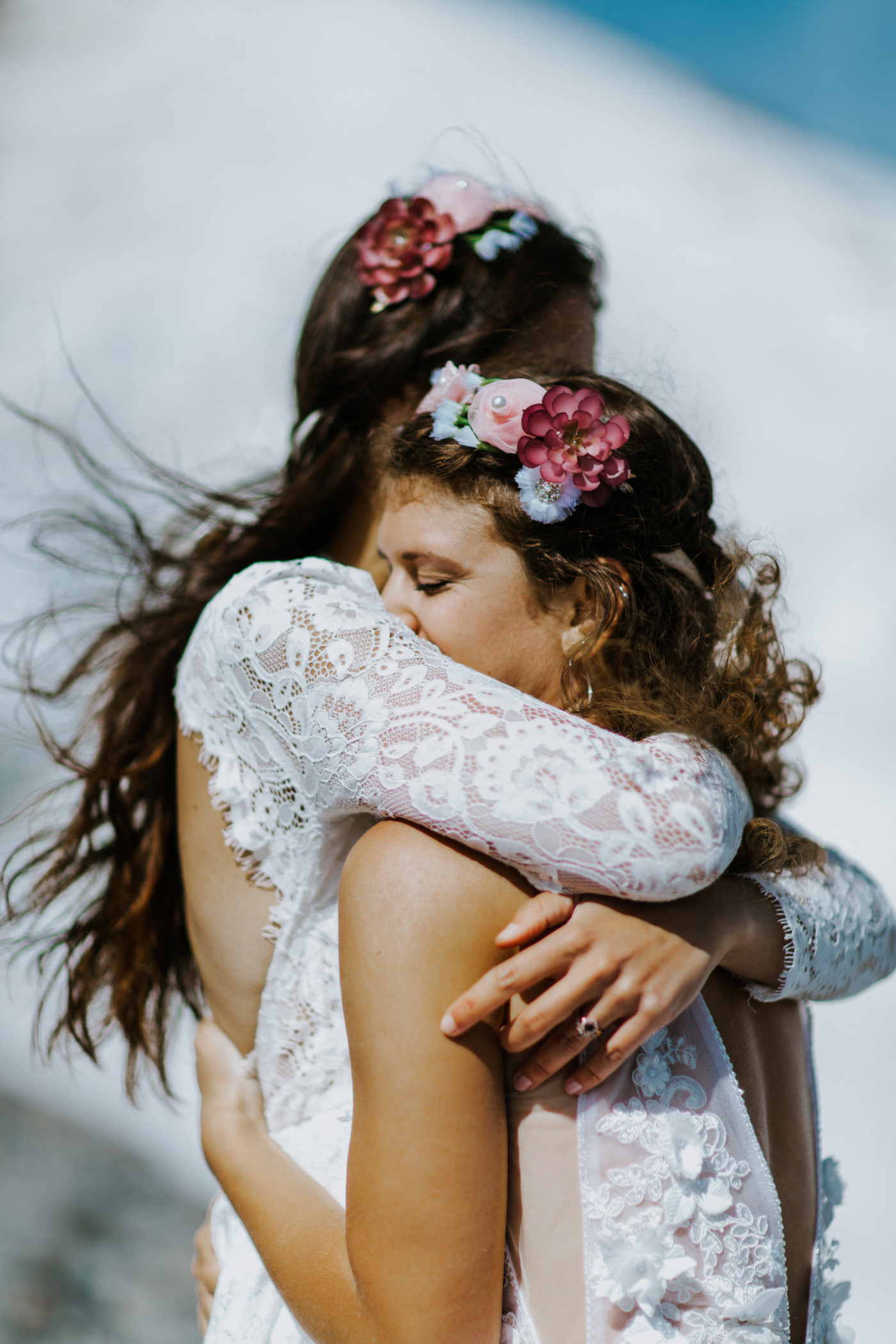 Margaux and Heather hugging. Elopement photography at Mount Hood by Sienna Plus Josh.