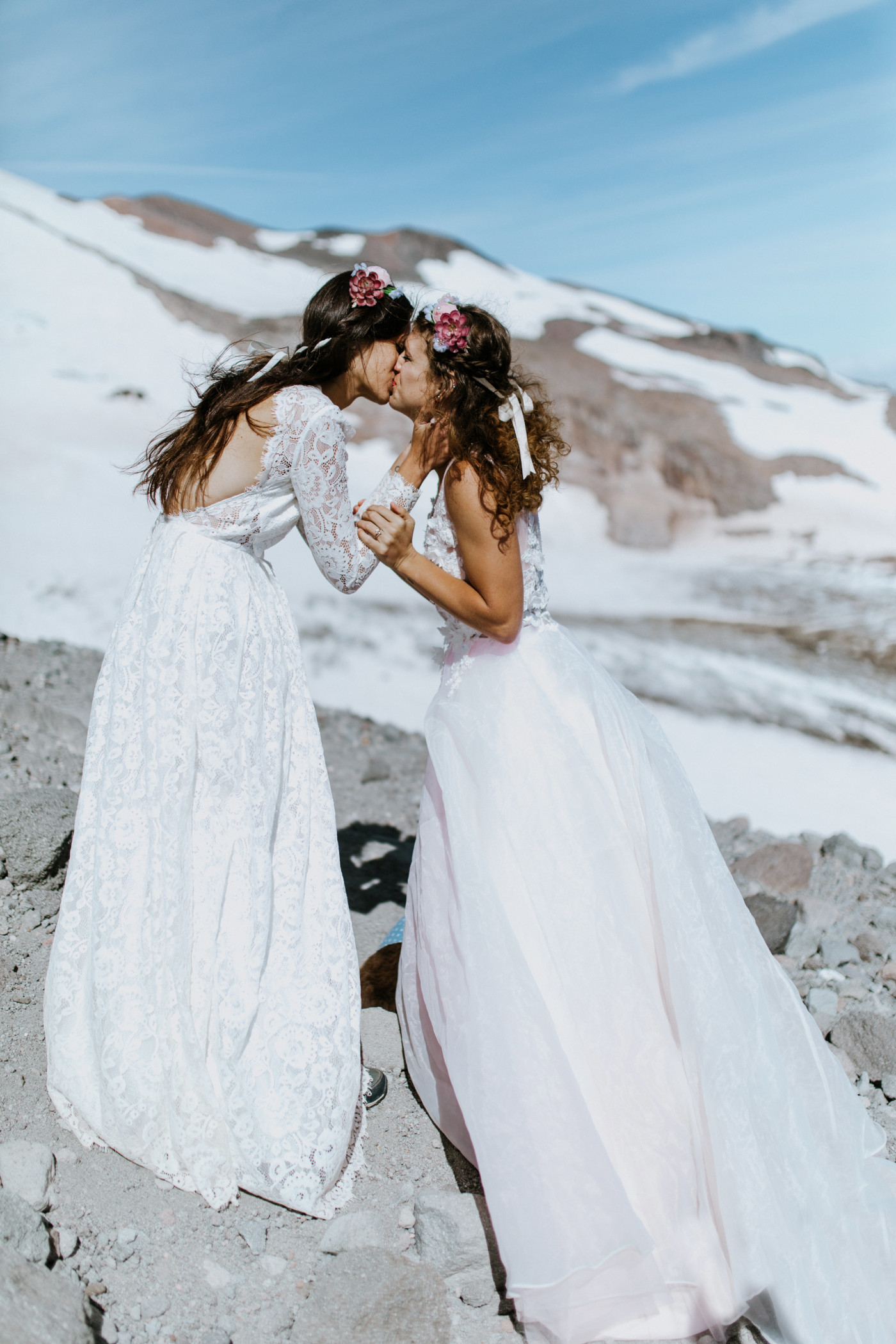 Heather kisses Margaux. Elopement photography at Mount Hood by Sienna Plus Josh.