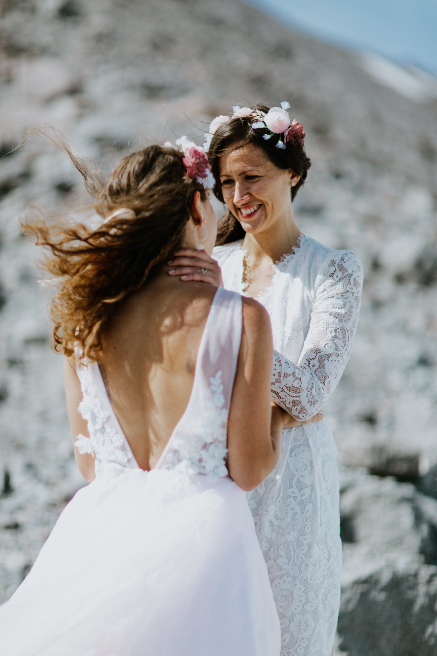 Margaux and Heather admire each other. Elopement photography at Mount Hood by Sienna Plus Josh.