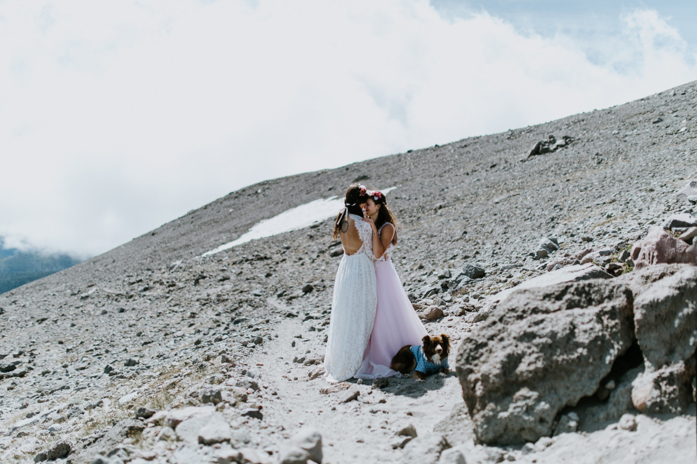 Margaux and Heather share a first dance on Mount Hood. Elopement photography at Mount Hood by Sienna Plus Josh.
