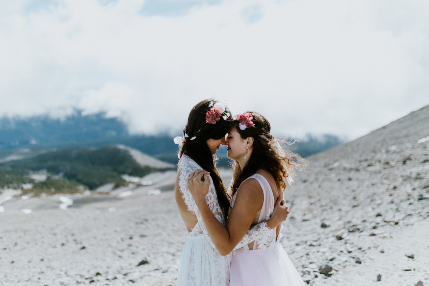Margaux and Heather smile as they dance. Elopement photography at Mount Hood by Sienna Plus Josh.