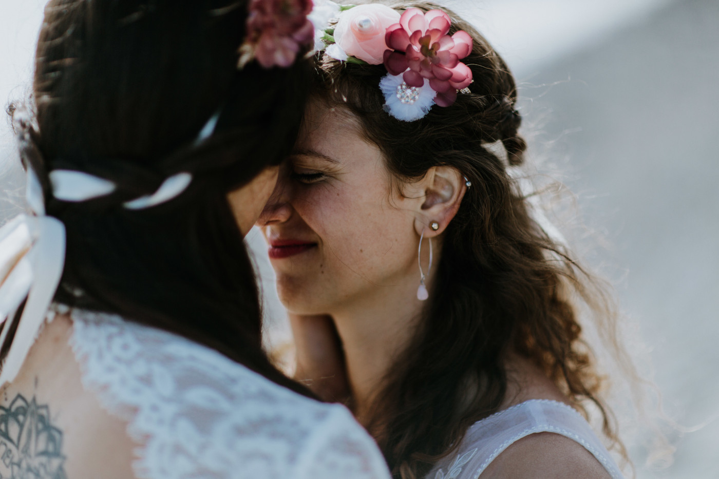 Margaux and Heather hold each other close during their first dance on Mount Hood. Elopement photography at Mount Hood by Sienna Plus Josh.