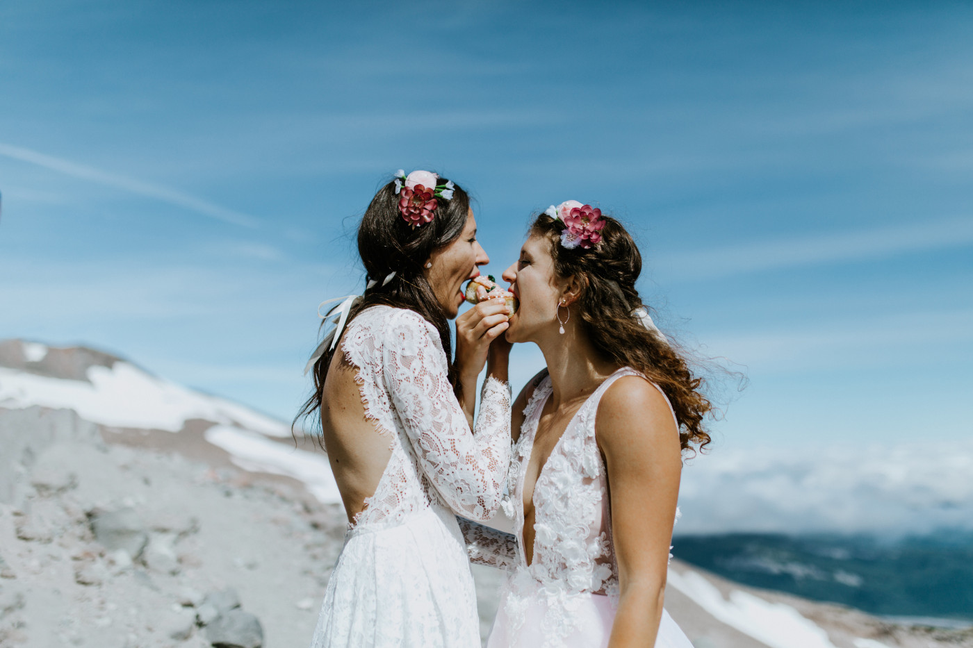 Margaux and Heather eat cupcakes. Elopement photography at Mount Hood by Sienna Plus Josh.