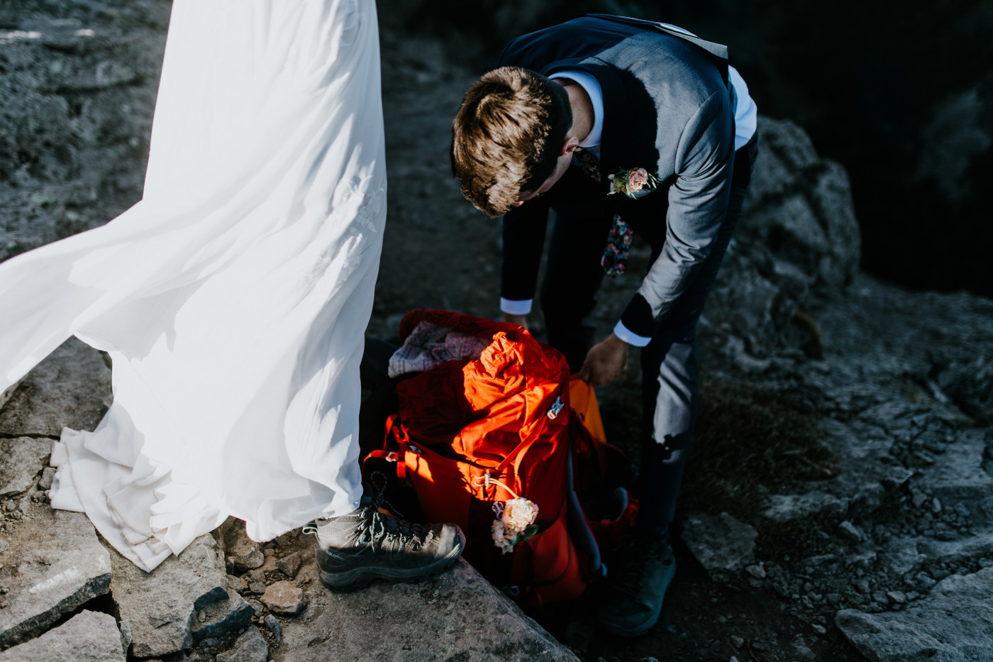 Chad and Tasha prepare for their ceremony. Elopement photography at Mount Rainier by Sienna Plus Josh.
