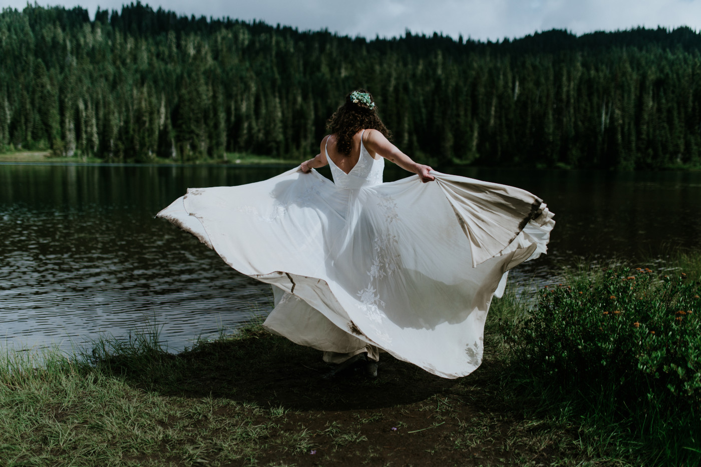 Tasha spins in her dress. Elopement photography at Mount Rainier by Sienna Plus Josh.