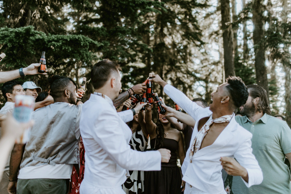 Brooks and cheers with their friends after their Mount Rainier Elopement.