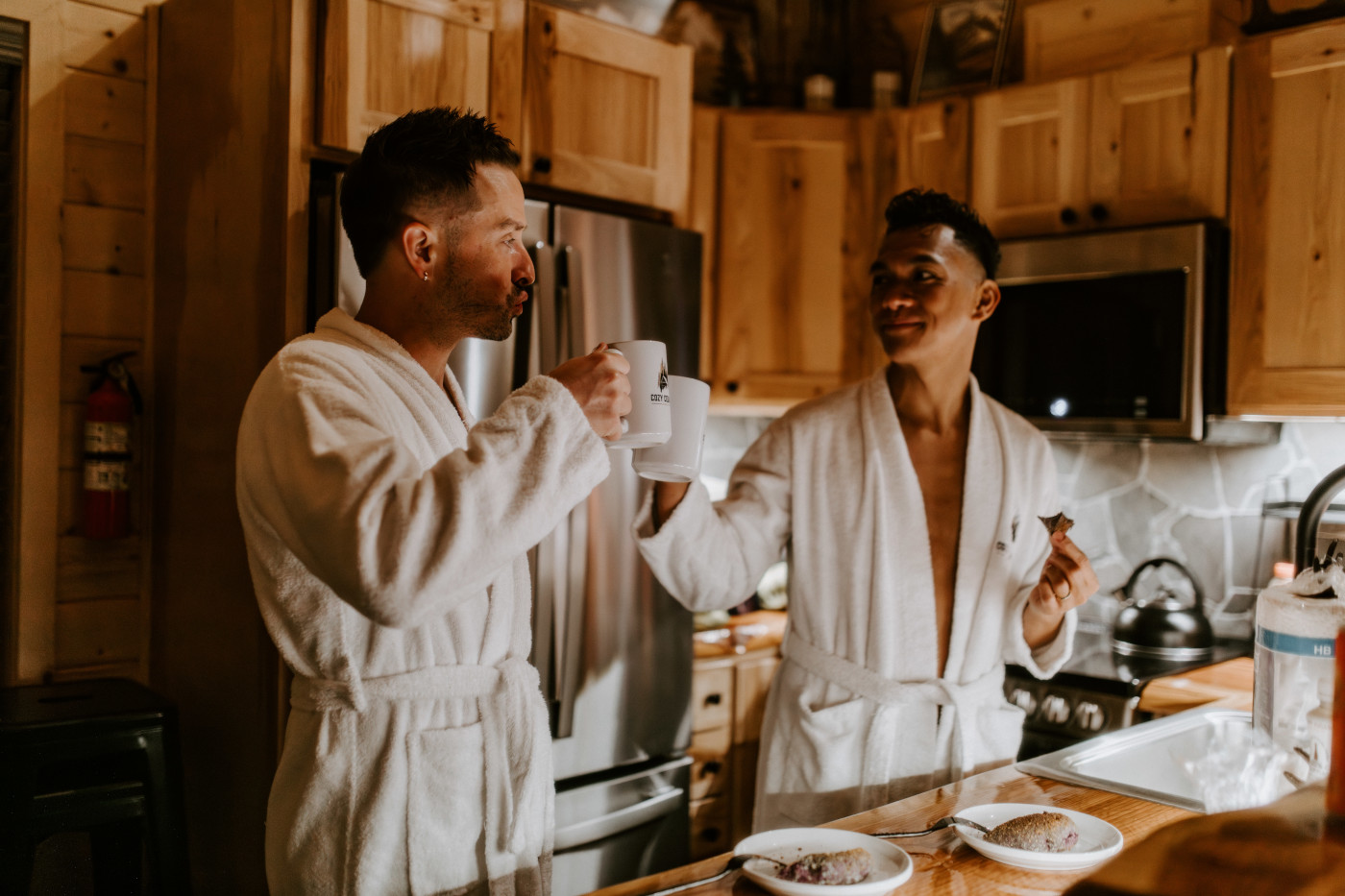 Brooks and Fred drink coffee on the morning of their Mount Rainier Elopement.