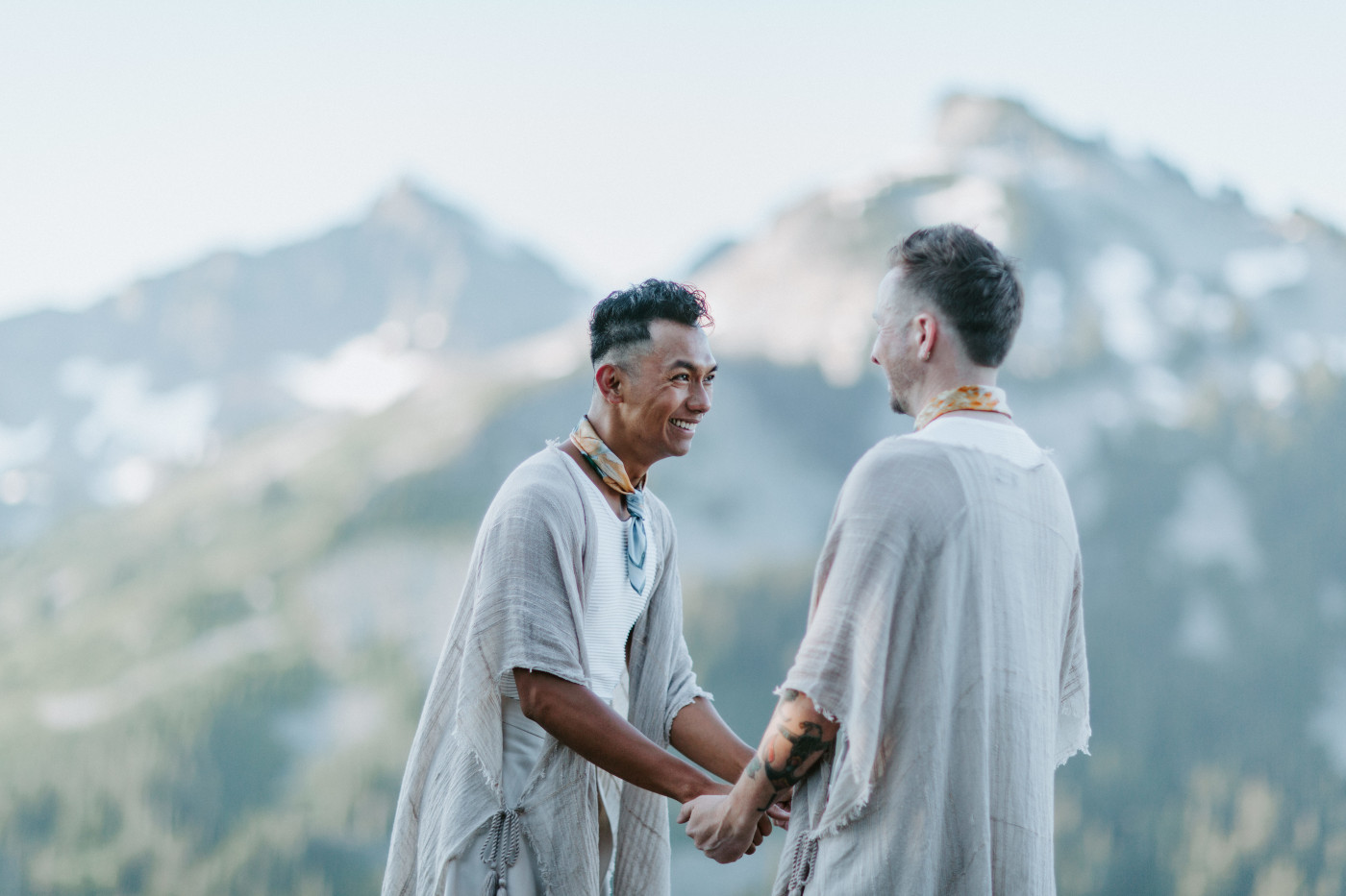 Brooks and Fred laugh during their Mount Rainier Elopement.