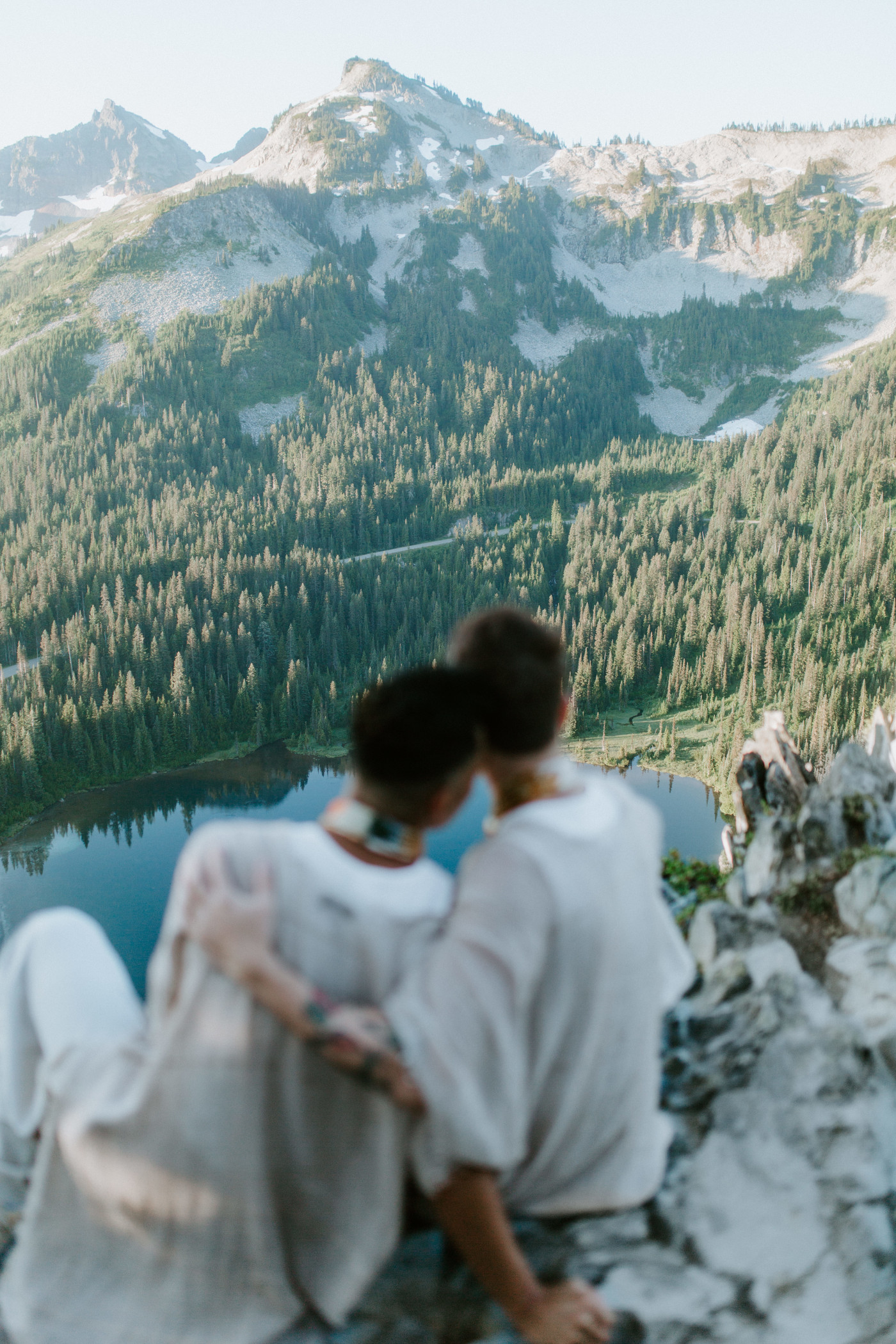 Brooks and Fred take in the view of Mirror Lake after their Mount Rainier Elopement.