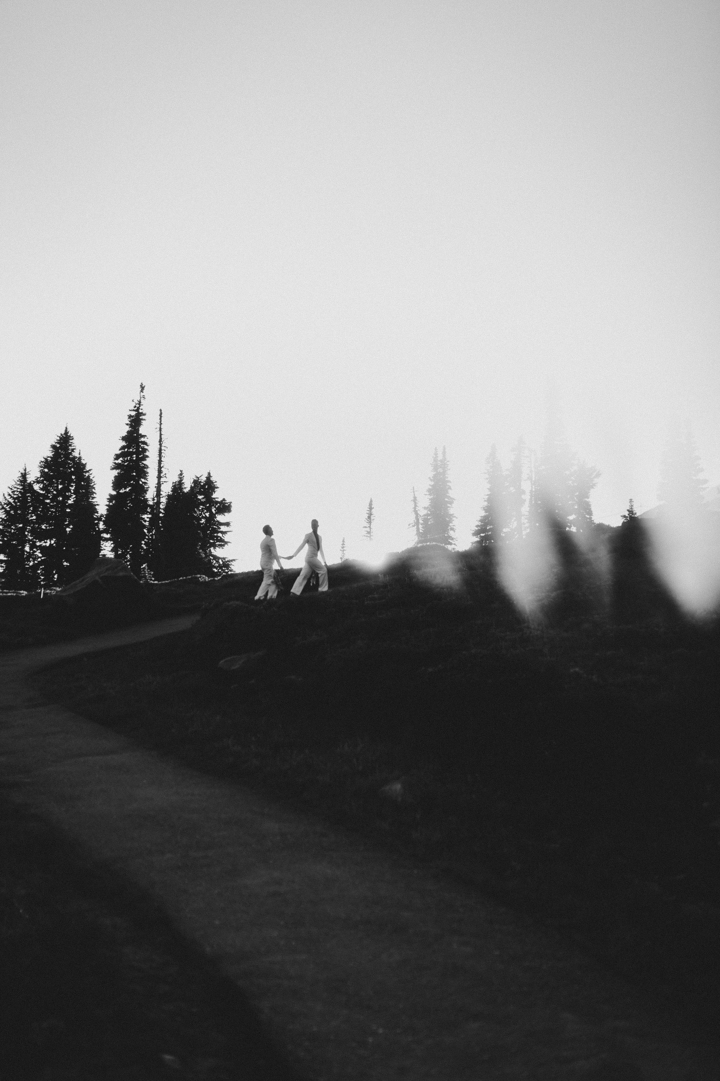 Fred and Brooks walk a trail at Mount Rainier.