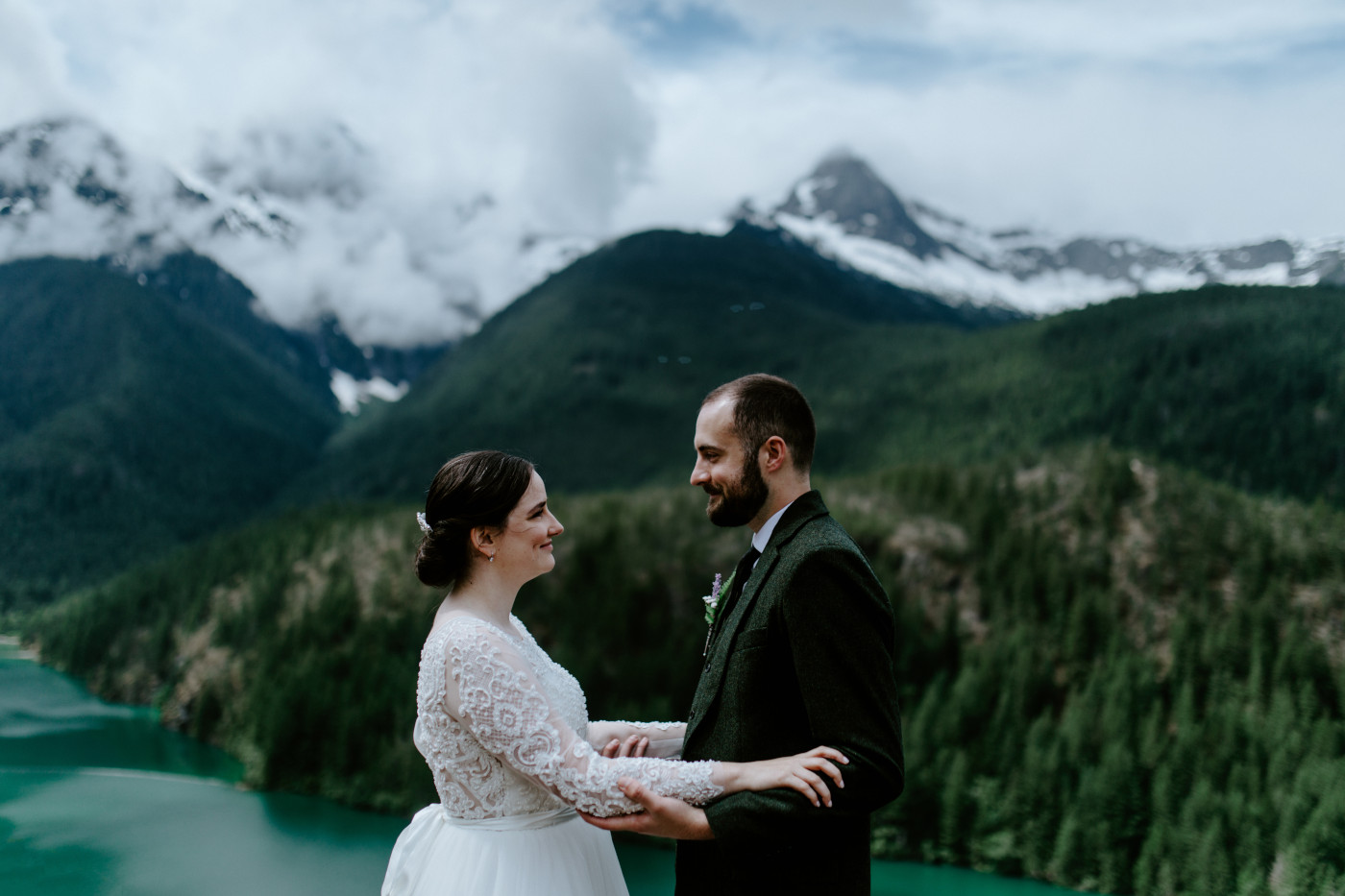 Alex and Elizabeth admire each other. Elopement photography at North Cascades National Park by Sienna Plus Josh.