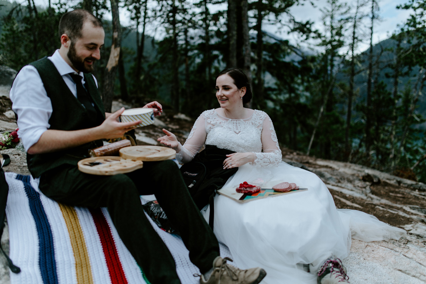 Elizabeth and Alex have their wedding day picnic. Elopement photography at North Cascades National Park by Sienna Plus Josh.
